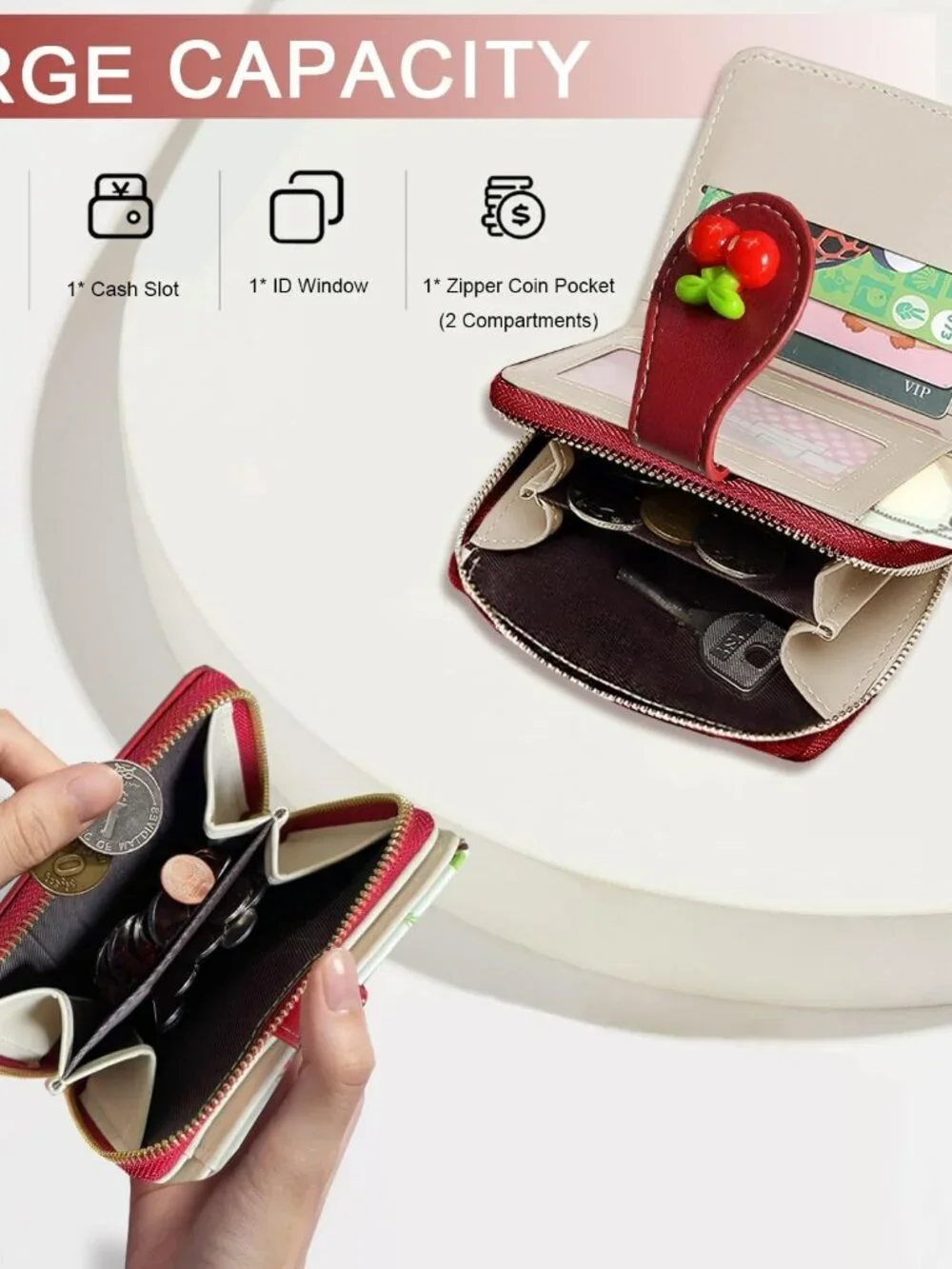 NEW Fruit Cherry‎ Print Wallet Card Slots Small Wallet w Zipper Coin Pouch